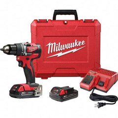 Milwaukee Tool - 18 Volt 1/2" Chuck Pistol Grip Handle Cordless Drill - 0-1800 RPM, Single-Sleeve Ratcheting Chuck, Reversible, 2 Lithium-Ion Batteries Included - USA Tool & Supply