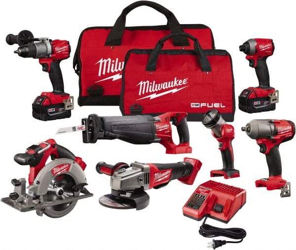 Milwaukee Tool - 18 Volt Cordless Tool Combination Kit - Includes Hammer Drill, Impact Driver, Reciprocating Saw, Circular Saw, Grinder, Work Light & 1/2" Impact Wrench, Lithium-Ion Battery Included - USA Tool & Supply