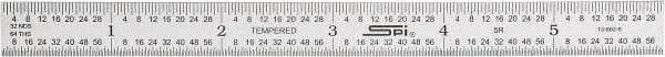 SPI - 6" Long, 1/100, 1/64, 1/32, 1/10" Graduation, Flexible Steel Rule - 5R Graduation Style, 1/2" Wide, Silver, Satin Chrome Finish - USA Tool & Supply