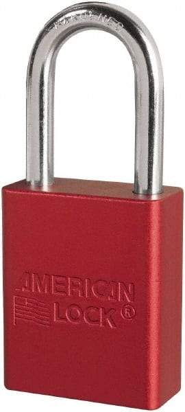 American Lock - Keyed Different Conductive Lockout Padlock - 1-1/2" Shackle Clearance, 1/4" Shackle Diam, 1.8" Body Height x 3/4" Body Width, Red, 6 Pins - USA Tool & Supply