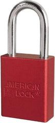 American Lock - Keyed Different Conductive Lockout Padlock - 1-1/2" Shackle Clearance, 1/4" Shackle Diam, 1.8" Body Height x 3/4" Body Width, Red, 6 Pins - USA Tool & Supply