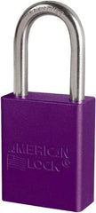 American Lock - Keyed Different Conductive Lockout Padlock - 1-1/2" Shackle Clearance, 1/4" Shackle Diam, 1.8" Body Height x 3/4" Body Width, Purple, 6 Pins - USA Tool & Supply