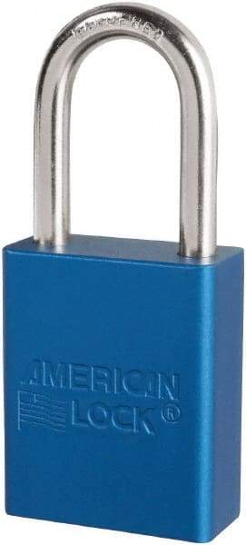 American Lock - Keyed Different Conductive Lockout Padlock - 1-1/2" Shackle Clearance, 1/4" Shackle Diam, 1.8" Body Height x 3/4" Body Width, Blue, 6 Pins - USA Tool & Supply