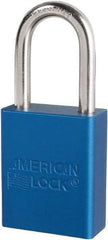American Lock - Keyed Different Conductive Lockout Padlock - 1-1/2" Shackle Clearance, 1/4" Shackle Diam, 1.8" Body Height x 3/4" Body Width, Blue, 6 Pins - USA Tool & Supply
