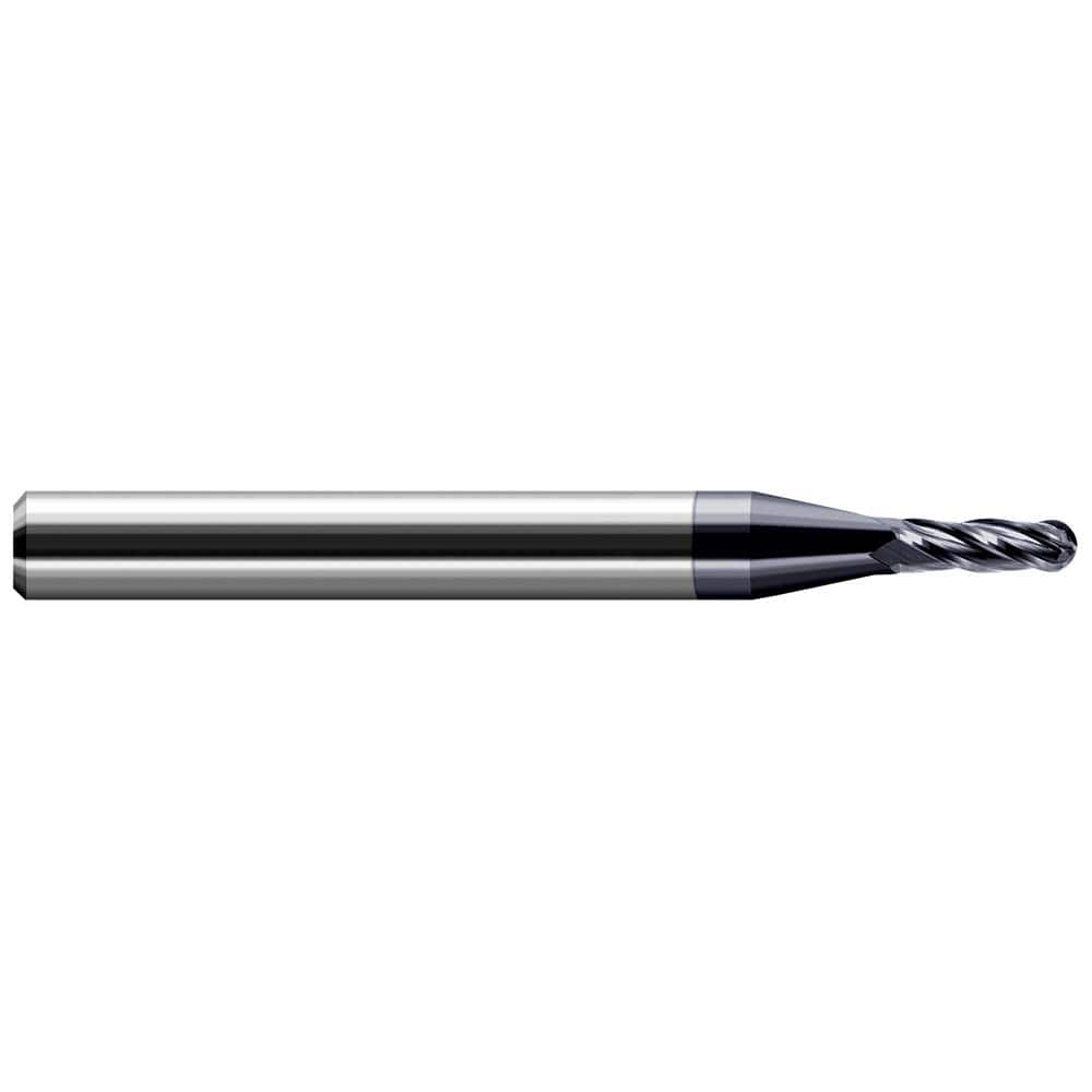 Ball End Mill: 0.02″ Dia, 0.06″ LOC, 2 Flute, Solid Carbide 1-1/2″ OAL, 1/8″ Shank Dia, 30 ° Helix, AlTiN Coated, Single End