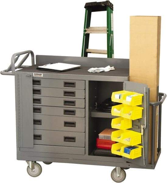 Durham - 2,000 Lb Capacity, 6 Drawer, 1 Door Mobile Workstation - 52-3/4" Wide x 19" Deep x 40-1/4" High, Steel, Gray - USA Tool & Supply