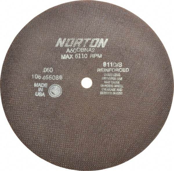Norton - 10" 60 Grit Aluminum Oxide Cutoff Wheel - 0.06" Thick, 5/8" Arbor, 6,110 Max RPM, Use with Stationary Grinders - USA Tool & Supply
