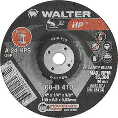 WALTER Surface Technologies - 24 Grit, 4" Wheel Diam, 1/4" Wheel Thickness, 3/8" Arbor Hole, Type 27 Depressed Center Wheel - Aluminum Oxide, Resinoid Bond, 15,000 Max RPM - USA Tool & Supply