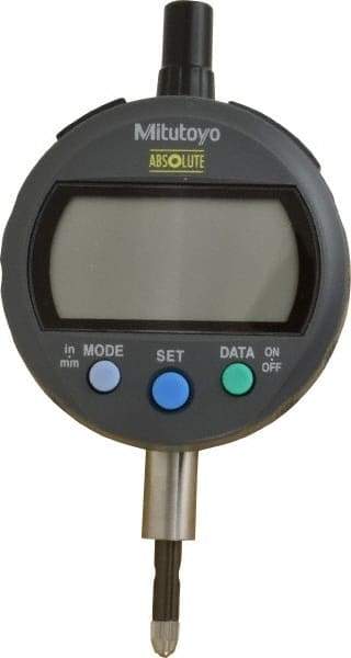 Mitutoyo - 0 to 12.7mm Range, 0.0005" Graduation, Electronic Drop Indicator - Lug-on-center Back, Accurate to 0.001", English & Metric System, LCD Display - USA Tool & Supply