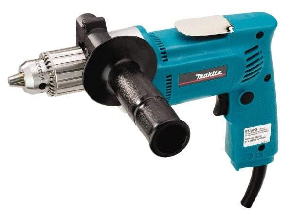 Makita - 1/2" Keyed Chuck, 550 RPM, Pistol Grip Handle Electric Drill - 6.5 Amps, 115 Volts, Reversible, Includes Chuck Key, Drill Chuck, Side Handle - USA Tool & Supply