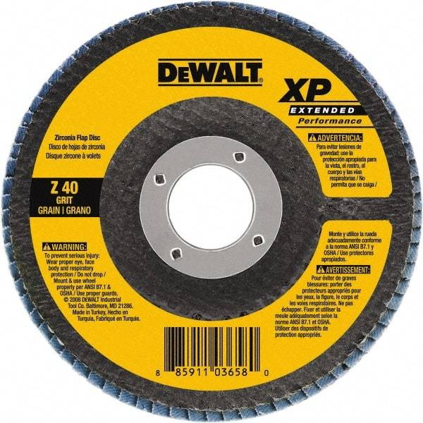 DeWALT - 120 Grit, 4-1/2" Disc Diam, 7/8" Center Hole, Type 27 Zirconia Alumina Flap Disc - 13,300 Max RPM, Cloth Backing, Arbor Attaching System, Coated - USA Tool & Supply