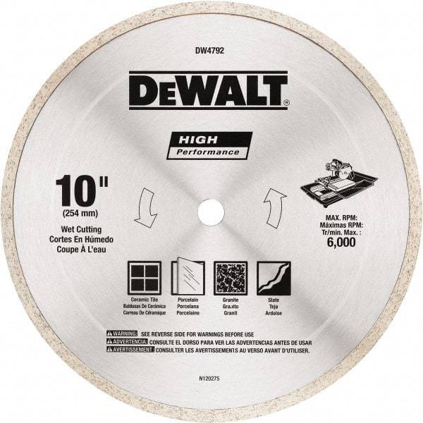 DeWALT - 10" Diam, 5/8" Arbor Hole Diam, Wet & Dry Cut Saw Blade - Diamond-Tipped, Standard Round Arbor - USA Tool & Supply