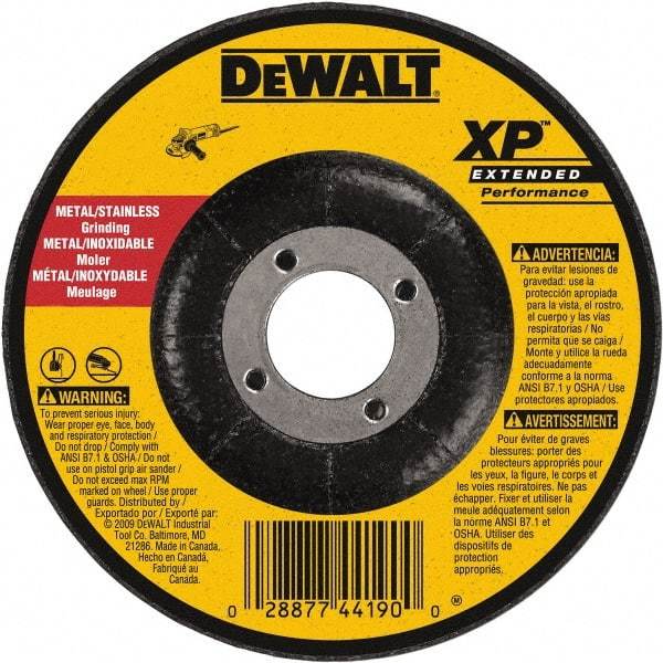 DeWALT - 24 Grit, 6" Wheel Diam, 1/4" Wheel Thickness, 7/8" Arbor Hole, Type 27 Depressed Center Wheel - Zirconia Alumina, Resinoid Bond, 10,100 Max RPM, Compatible with Angle Grinder - USA Tool & Supply