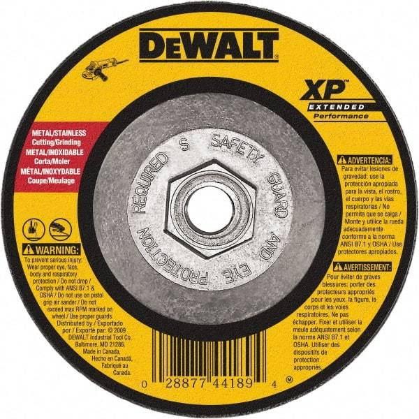 DeWALT - 24 Grit, 6" Wheel Diam, 1/8" Wheel Thickness, Type 27 Depressed Center Wheel - Zirconia Alumina, Resinoid Bond, 10,100 Max RPM, Compatible with Angle Grinder - USA Tool & Supply