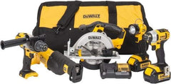 DeWALT - 5 Piece 20 Volt Cordless Tool Combination Kit - Includes 1/2" Hammerdrill, 1/4" Impact Driver, Reciprocating Saw, 6-1/2" Circular Saw & LED Worklight, Lithium-Ion Battery Included - USA Tool & Supply