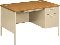 Hon - Laminate/Metal Right Pedestal Desk with Center Drawer - 48" Wide x 30" Deep x 29" High, Harvest/Putty - USA Tool & Supply