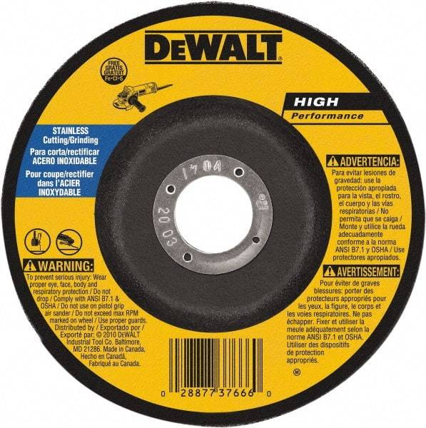DeWALT - 30 Grit, 9" Wheel Diam, 1/8" Wheel Thickness, 7/8" Arbor Hole, Type 27 Depressed Center Wheel - Aluminum Oxide, 6,600 Max RPM, Compatible with Angle Grinder - USA Tool & Supply