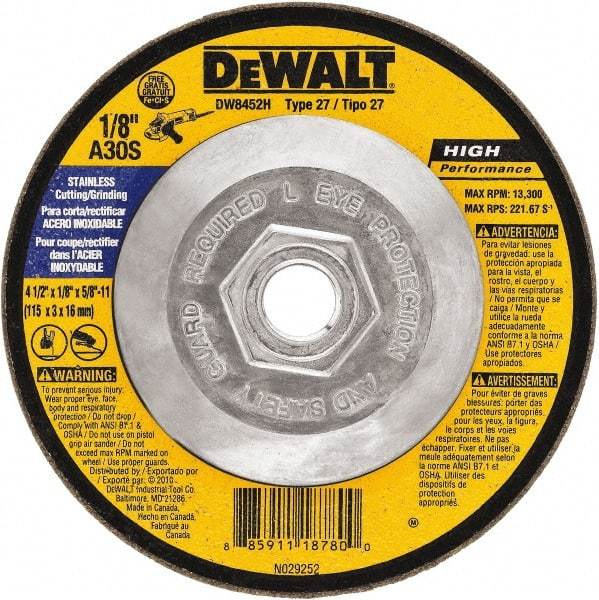 DeWALT - 30 Grit, 7" Wheel Diam, 1/8" Wheel Thickness, Type 27 Depressed Center Wheel - Aluminum Oxide, 8,700 Max RPM, Compatible with Angle Grinder - USA Tool & Supply