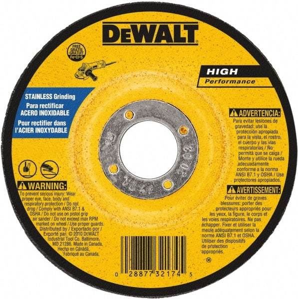 DeWALT - 30 Grit, 7" Wheel Diam, 1/4" Wheel Thickness, 7/8" Arbor Hole, Type 27 Depressed Center Wheel - Aluminum Oxide, 8,700 Max RPM, Compatible with Angle Grinder - USA Tool & Supply