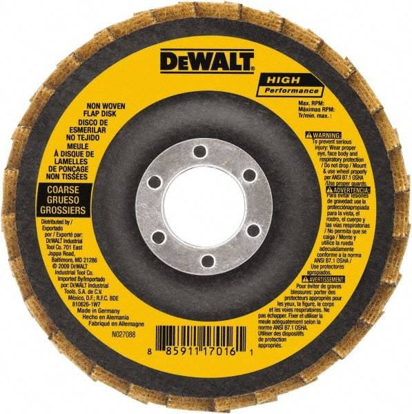 DeWALT - 100 Grit, 4-1/2" Disc Diam, 5/8-11 Center Hole, Type 27 Aluminum Oxide Flap Disc - 13,300 Max RPM, Fiberglass Backing, Arbor Attaching System, Non-Woven - USA Tool & Supply