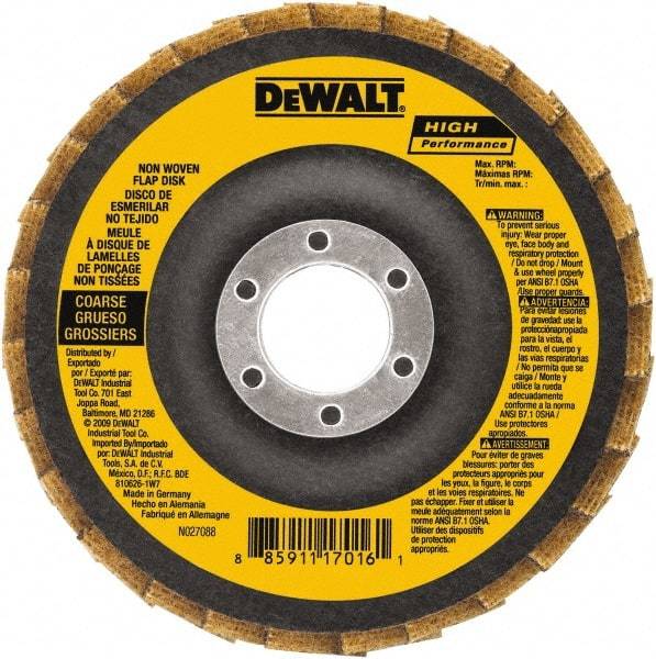 DeWALT - 4-1/2" Disc Diam, 7/8" Center Hole, Type 27 Aluminum Oxide Flap Disc - 13,300 Max RPM, Fiberglass Backing, Arbor Attaching System, Non-Woven - USA Tool & Supply