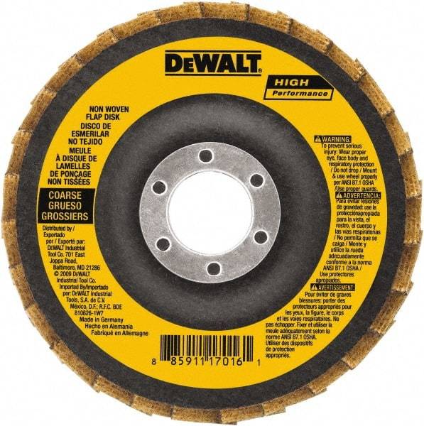DeWALT - 100 Grit, 4-1/2" Disc Diam, 7/8" Center Hole, Type 27 Aluminum Oxide Flap Disc - 13,300 Max RPM, Fiberglass Backing, Arbor Attaching System, Non-Woven - USA Tool & Supply