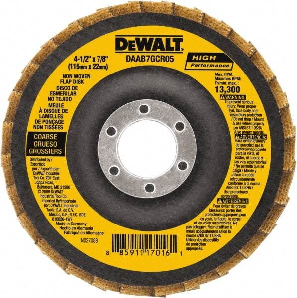 DeWALT - 40 Grit, 4-1/2" Disc Diam, 7/8" Center Hole, Type 27 Aluminum Oxide Flap Disc - 13,300 Max RPM, Fiberglass Backing, Arbor Attaching System, Non-Woven - USA Tool & Supply