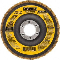 DeWALT - 40 Grit, 4-1/2" Disc Diam, 7/8" Center Hole, Type 27 Aluminum Oxide Flap Disc - 13,300 Max RPM, Fiberglass Backing, Arbor Attaching System, Non-Woven - USA Tool & Supply