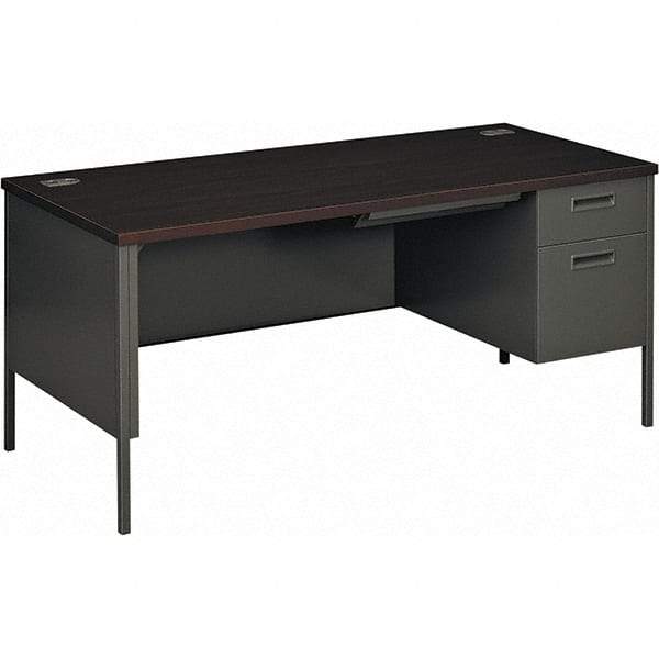 Hon - Plastic Laminated Top Single Pedestal with Right Hand Return Desk with Center Drawer - 66" Wide x 30" Deep x 29-1/2" High, Mahogany/Charcoal - USA Tool & Supply