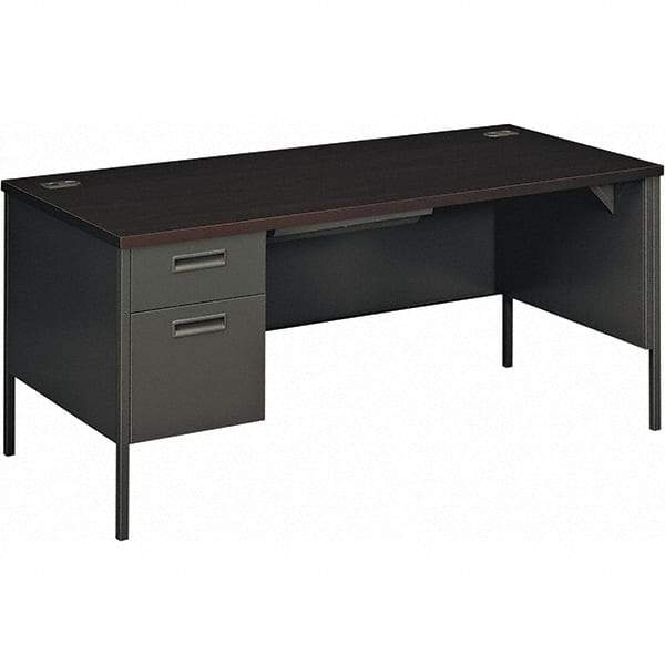 Hon - Plastic Laminated Top Single Pedestal Desk with Center Drawer - 66" Wide x 30" Deep x 29-1/2" High, Mahogany/Charcoal - USA Tool & Supply