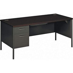 Hon - Plastic Laminated Top Single Pedestal Desk with Center Drawer - 66" Wide x 30" Deep x 29-1/2" High, Mahogany/Charcoal - USA Tool & Supply