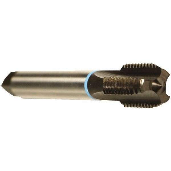 Emuge - M10x1.00 Metric Fine 6HX 4 Flute Nitride Finish Cobalt Straight Flute Machine Tap - Modified Bottoming, Right Hand Thread, 90mm OAL, 18mm Thread Length, Oversize - Exact Industrial Supply