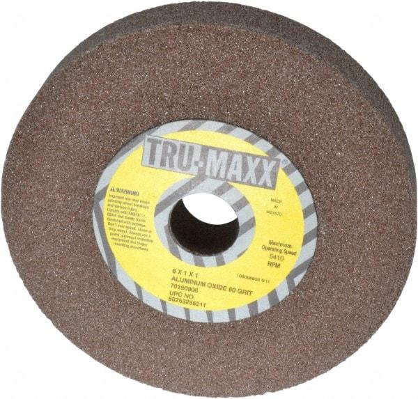 Tru-Maxx - 60 Grit Aluminum Oxide Bench & Pedestal Grinding Wheel - 6" Diam x 1" Hole x 1" Thick, 5410 Max RPM, O Hardness, Medium Grade , Vitrified Bond - USA Tool & Supply