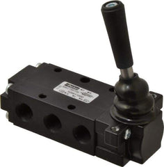 Parker - 0.83 CV Rate, 1/4" NPT Inlet Direct Air 4 Mechanical Spool Valve - 4 Way, 2 Position, 150 Max psi, Lever Spring Return - USA Tool & Supply