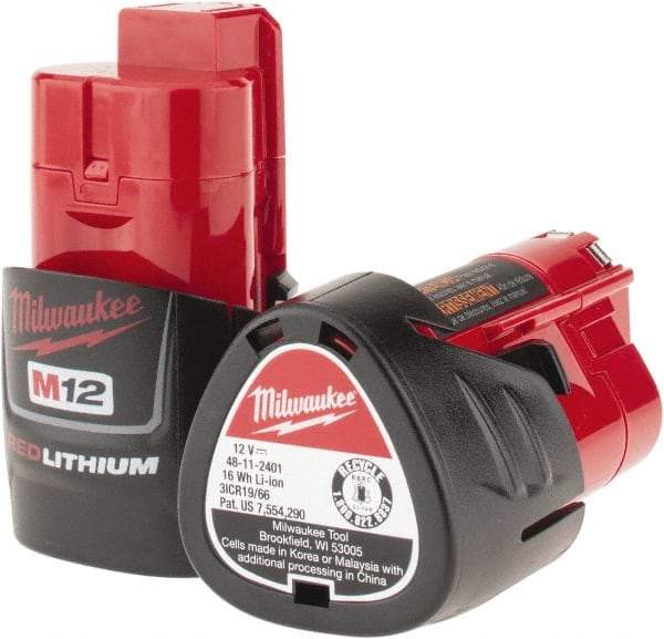 Milwaukee Tool - 12 Volt Lithium-Ion Power Tool Battery - 1.5 Ahr Capacity, 1/2 hr Charge Time, Series M12 RED - USA Tool & Supply