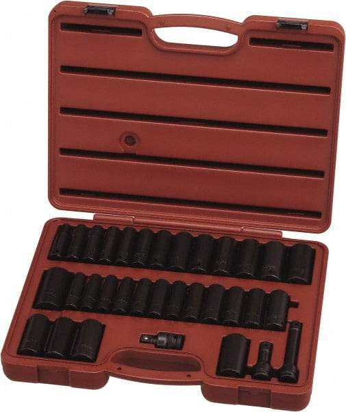 Paramount - 33 Piece 1/2" Drive Standard Deep Impact Socket Set - 6 Points, 3/8 to 1-1/4", 10 to 27mm, Inch/Metric Measurement Standard - USA Tool & Supply