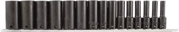 Paramount - 15 Piece 3/8" Drive Chrome Phosphate Finish Deep Well Impact Socket Set - 6 Points, 1/4" to 1" Range, Inch Measurement Standard - USA Tool & Supply