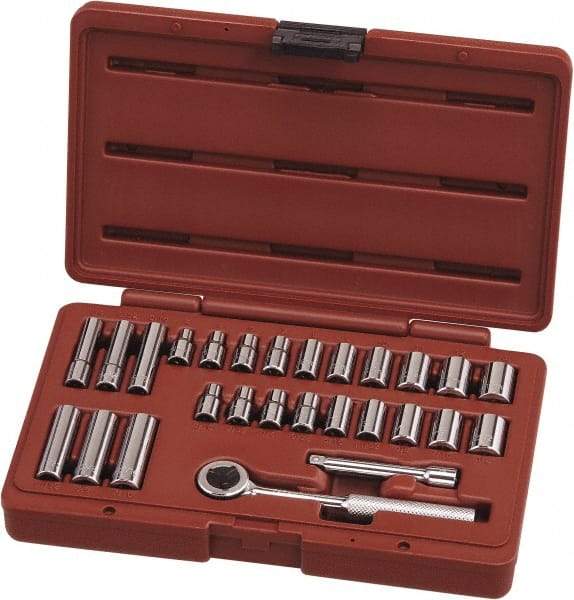 Paramount - 27 Piece 1/4" Drive Chrome Vanadium Finish Deep Well Socket Set - 6, 12 Points, 3/16" to 1/2" (4mm to 13mm) Range, Inch/Metric Measurement Standard - USA Tool & Supply