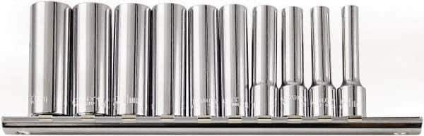 Paramount - 10 Piece 1/4" Drive Chrome Vanadium Finish Deep Well Socket Set - 6 Points, 4mm to 13mm Range, Metric Measurement Standard - USA Tool & Supply