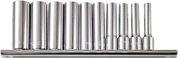 Paramount - 10 Piece 1/4" Drive Chrome Vanadium Finish Deep Well Socket Set - 6 Points, 3/16" to 9/16" Range, Inch Measurement Standard - USA Tool & Supply