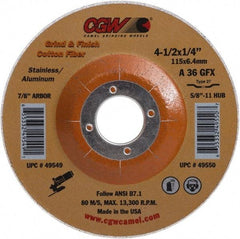 Camel Grinding Wheels - 36 Grit, 4-1/2" Wheel Diam, 1/4" Wheel Thickness, Type 27 Depressed Center Wheel - Medium Grade, Aluminum Oxide, 13,300 Max RPM - USA Tool & Supply