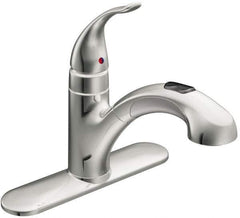 Moen - 3 Hole Mount, Low Arc Commercial Faucet - One Handle, Pull Lever Handle, Pullout Spout, No Drain - USA Tool & Supply