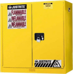 Justrite - 2 Door, 3 Shelf, Yellow Steel Wall Mount Safety Cabinet for Flammable and Combustible Liquids - 44" High x 43" Wide x 12" Deep, Manual Closing Door, 20 Gal Capacity - USA Tool & Supply