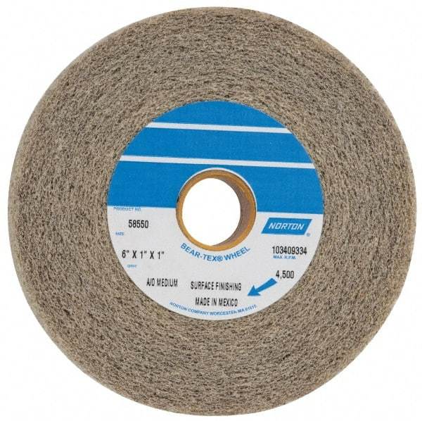 Norton - 6" Diam, 1" Face Width, 1" Center Hole, Medium Grade, Aluminum Oxide Deburring Wheel - Convolute, Medium Density 4 Grade, 4,500 RPM - USA Tool & Supply