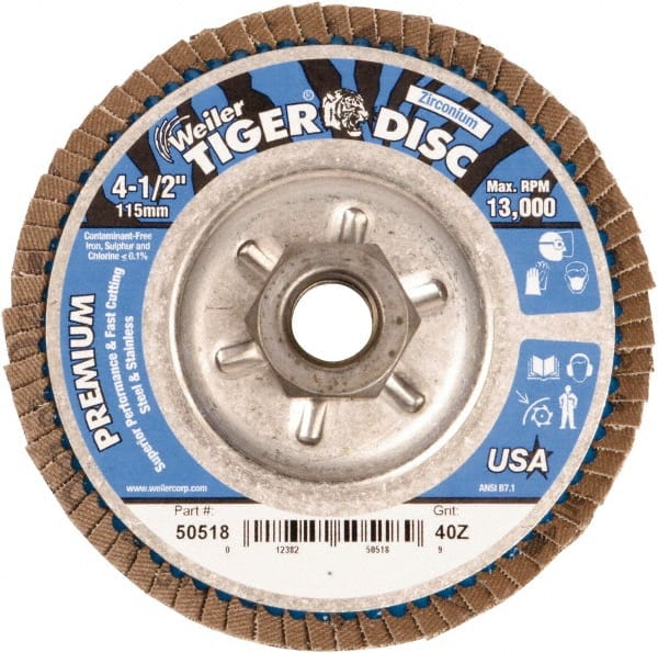 Weiler - 4-1/2" 40 Grit 5/8-11 Center Hole Type 29 Zirconia Alumina Flap Disc - USA Tool & Supply