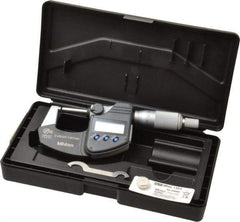 Mitutoyo - 0 to 25 mm Range, 0.001 mm Resolution, Standard Throat, IP65 Electronic Outside Micrometer - 0.001 Inch Accuracy, Ratchet Stop Thimble, Carbide Face, SR44 Battery, Data Output, Plastic Case, Includes NIST Traceable Certification of Inspection - USA Tool & Supply