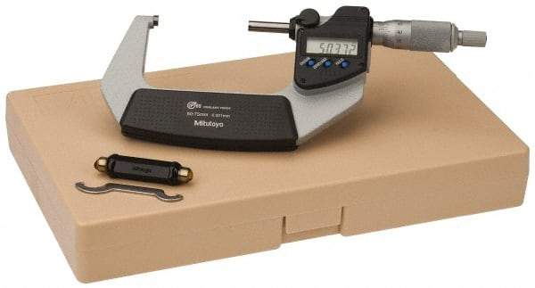 Mitutoyo - 50 to 75 mm Range, 0.001 mm Resolution, Standard Throat, IP65 Electronic Outside Micrometer - 0.001 Inch Accuracy, Ratchet Stop Thimble, Carbide Face, SR44 Battery, Data Output, Plastic Case, Includes NIST Traceable Certification of Inspection - USA Tool & Supply