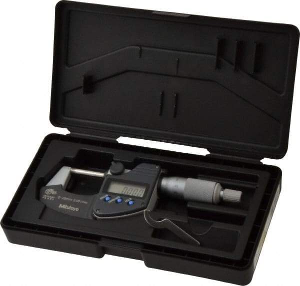 Mitutoyo - 0 to 25 mm Range, 0.001 mm Resolution, Standard Throat, IP65 Electronic Outside Micrometer - 0.001 Inch Accuracy, Ratchet Stop Thimble, Carbide Face, SR44 Battery, Plastic Case, Includes NIST Traceable Certification of Inspection - USA Tool & Supply