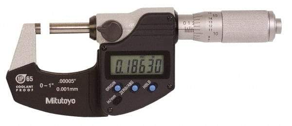 Mitutoyo - 0.0001 Inch Resolution, Standard Throat, Electronic Outside Micrometer - Includes Stand - USA Tool & Supply
