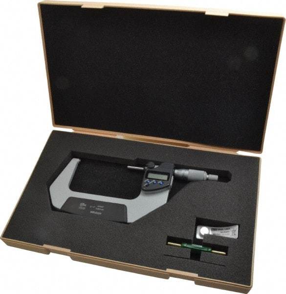 Mitutoyo - 3 to 4 Inch Range, 0.0001 Inch Resolution, Standard Throat, IP65 Electronic Outside Micrometer - 0.0001 Inch Accuracy, Ratchet Stop Thimble, Carbide Face, SR44 Battery, Data Output, Plastic Case - USA Tool & Supply